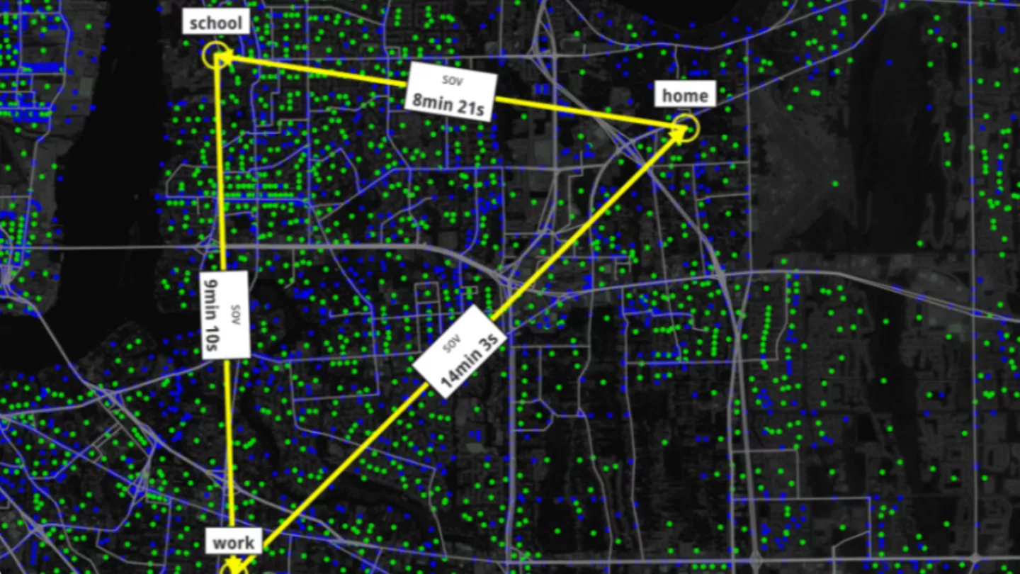 PTV Visum advanced model displaying travel paths between home, work, and school